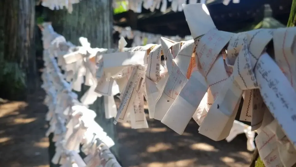 Que ver en Takayama: Papeles de omikuji atados en un templo japonés de Takayama Japón, símbolo de fortuna y protección.
