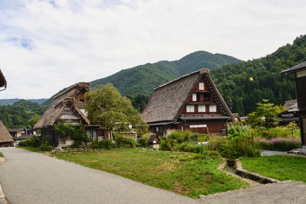 Qué ver en shirakawago: Casas gassho-zukuri rodeadas de vegetación en la aldea de Shirakawago durante el verano.