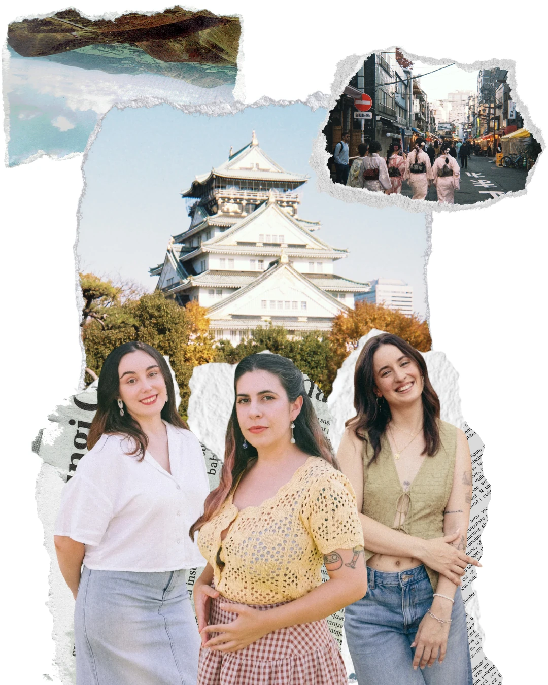 Equipo de agencia de viajes a Japón japoneo en un collage con imágenes de Japón