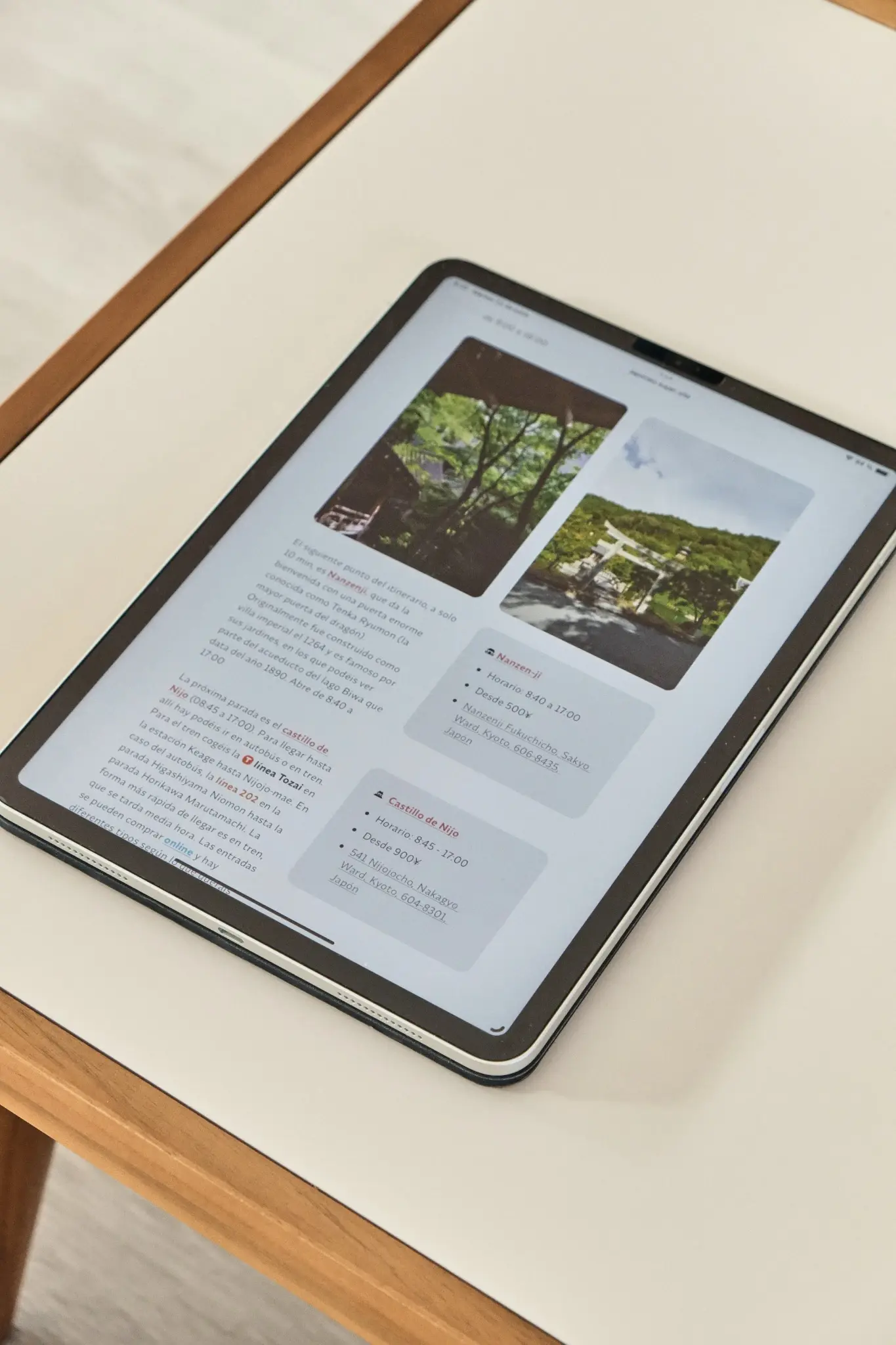 Itinerario por Japón personalizado de japoneo 2 Ejemplo de itinerario por Japón de japoneo con fotos, ruta y recomendaciones en tablet