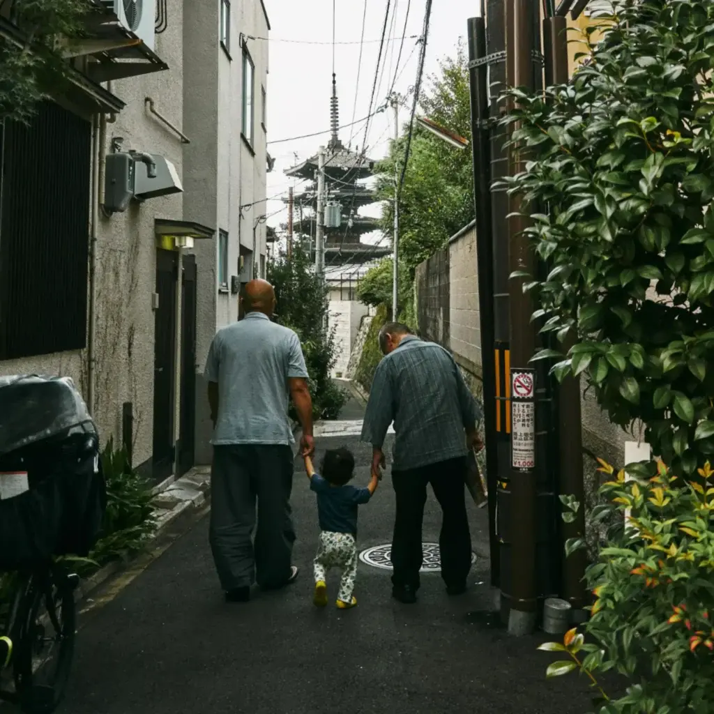 Familia paseando en calle tradicional con pagoda al fondo, ambiente tranquilo y cotidiano en Japón, viaje con niños.