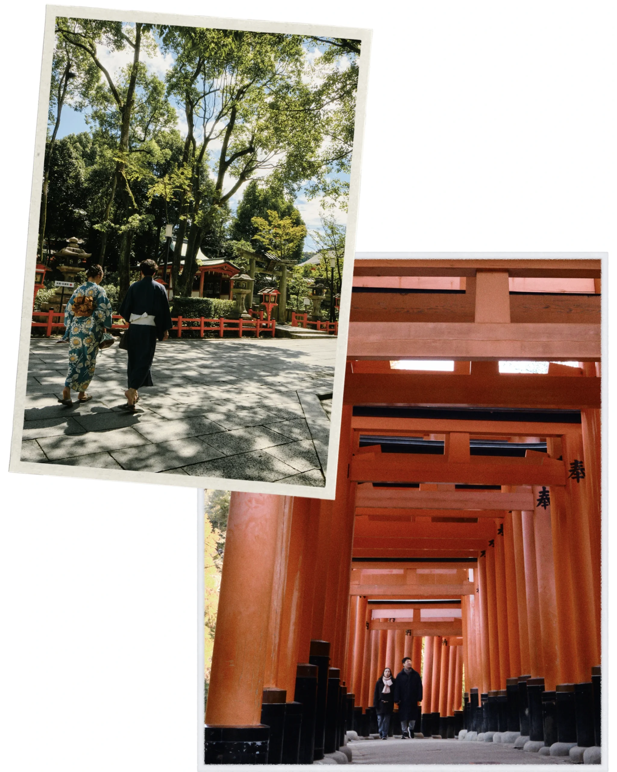 Collage de una pareja con yukata en un santuario y entre torii rojos durante una luna de miel en Japón