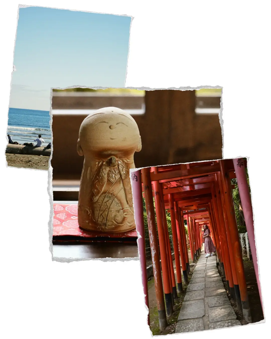 Ruta a Japón con costa, templos y santuarios japoneo 2 Collage de una playa, una figura de Jizo y un camino de torii rojos en una ruta a Japón