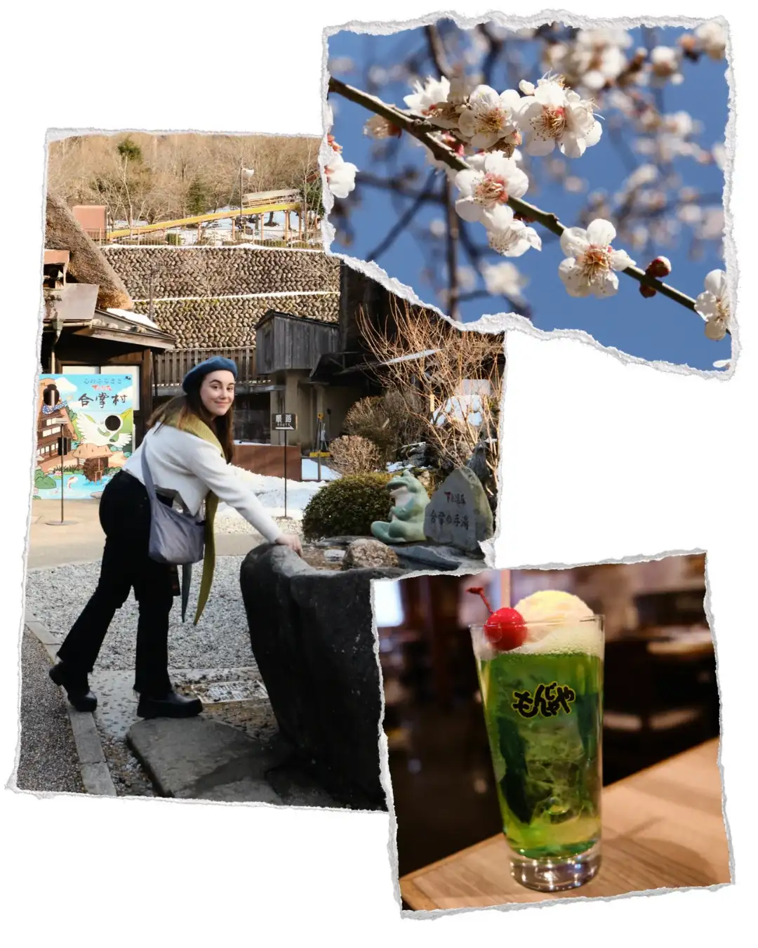 Collage de una viajera en un pueblo tradicional japonés, flores de ciruelo y una bebida local