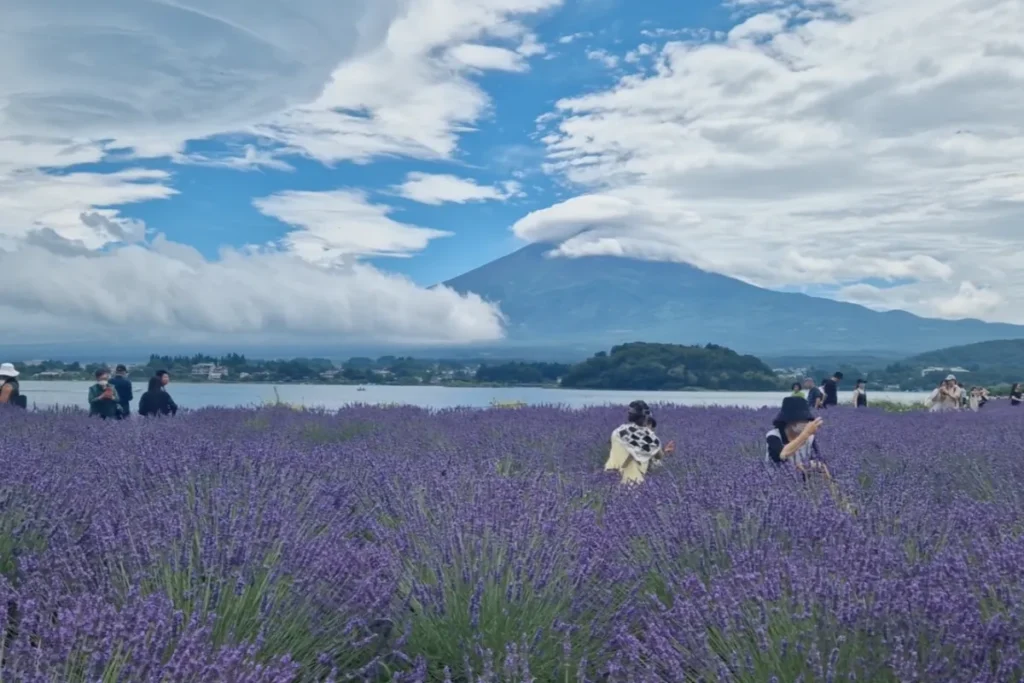 Monte Fuji desde Kawaguchiko oculto por las nubes afectando su visibilidad.